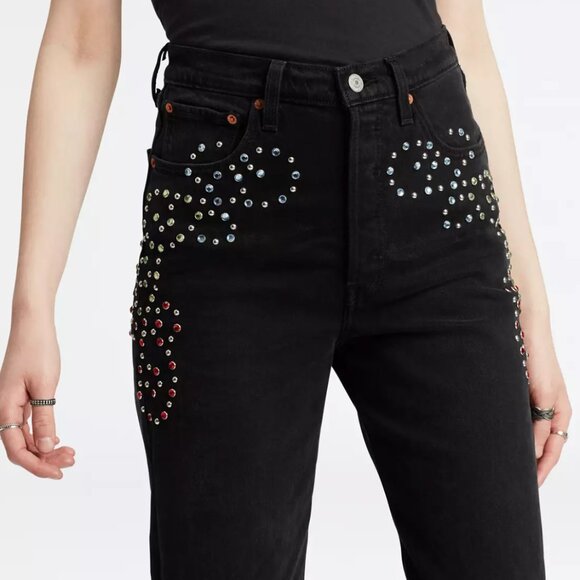 Levis Ribcage Straight Leg Embelliished Bejewelled High Rise Black Jeans Size 28 - Picture 2 of 15